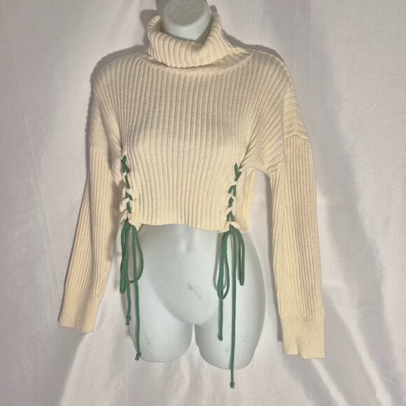 FASHION NOVA cropped oversized sweater, turtleneck. braided front, white, Small - Picture 6 of 12